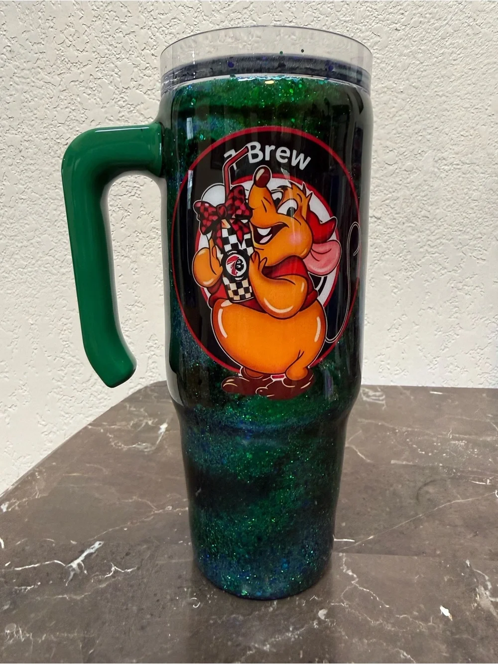Gus Gus Seven Brew Coffee 7Brew Emerald Green Glitter Tumbler Cup 30 oz Handle